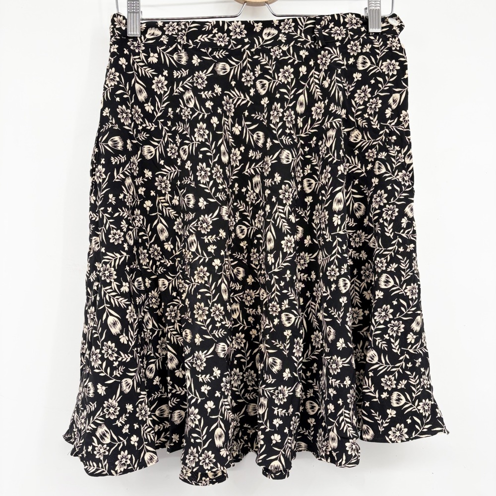 Ralph Lauren Womens Black Floral Rayon Cottagecore A-Line Wrap Midi Skirt 12